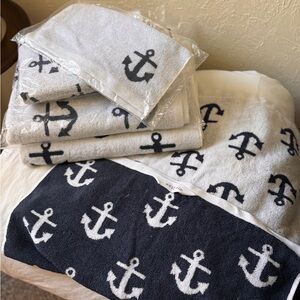West Elm Blue and White Bath Towels with Nautical Anchor Pattern
